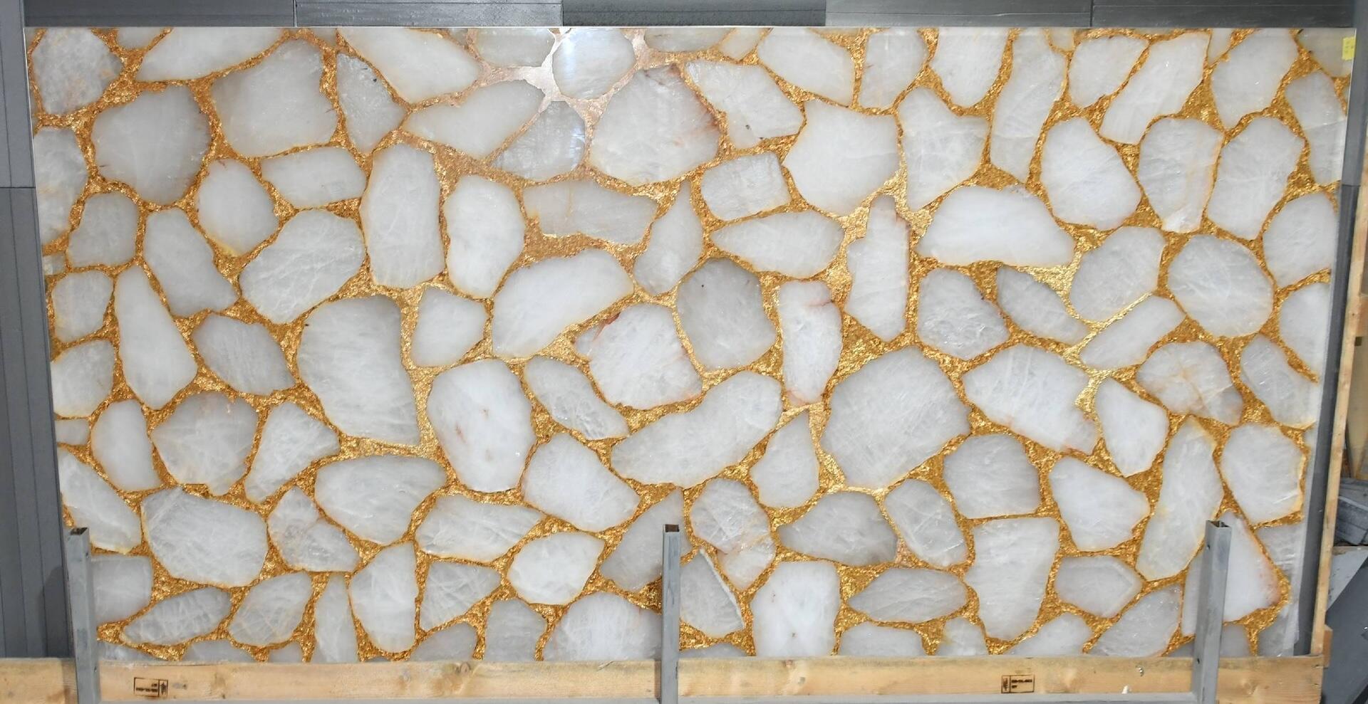 White Giant Quartz with Gold Embossed 3D 2cm Slab