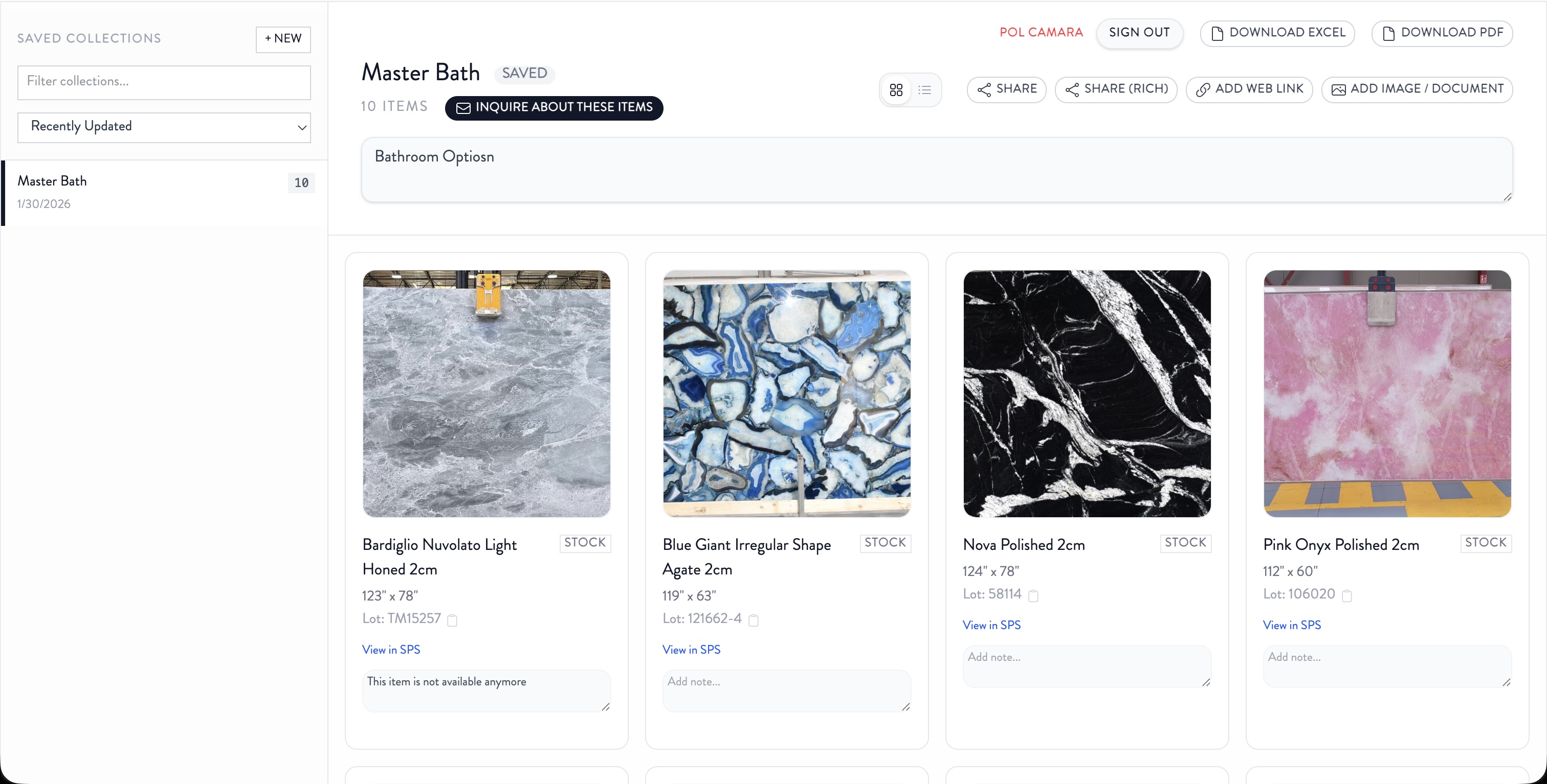 Saved Collections page with a named Master Bath list, share, and inquire.