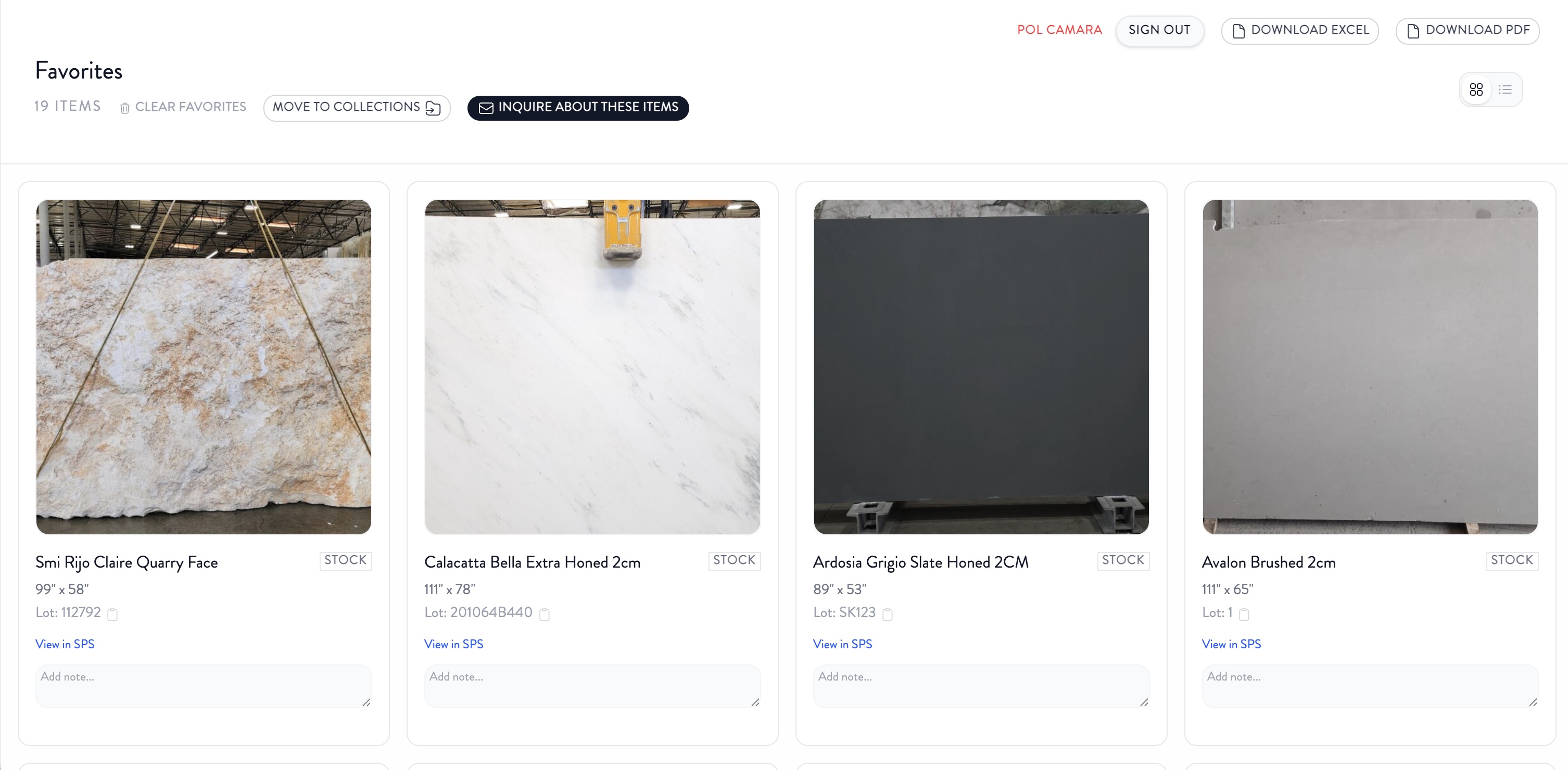 Favorites page with saved slabs, inquire, and move to collections.