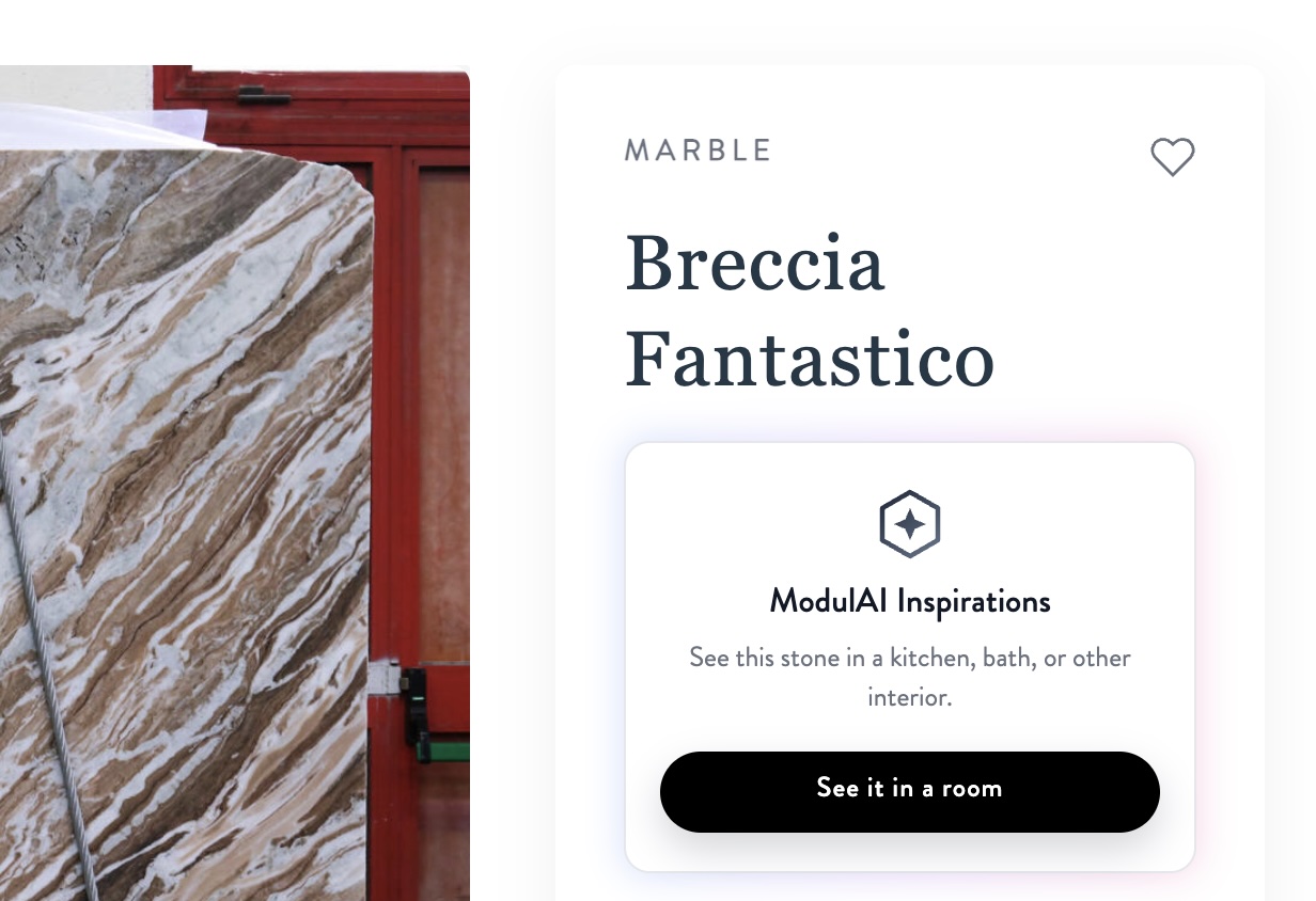 ModulAI Inspirations card on a slab page, with a See it in a room button.