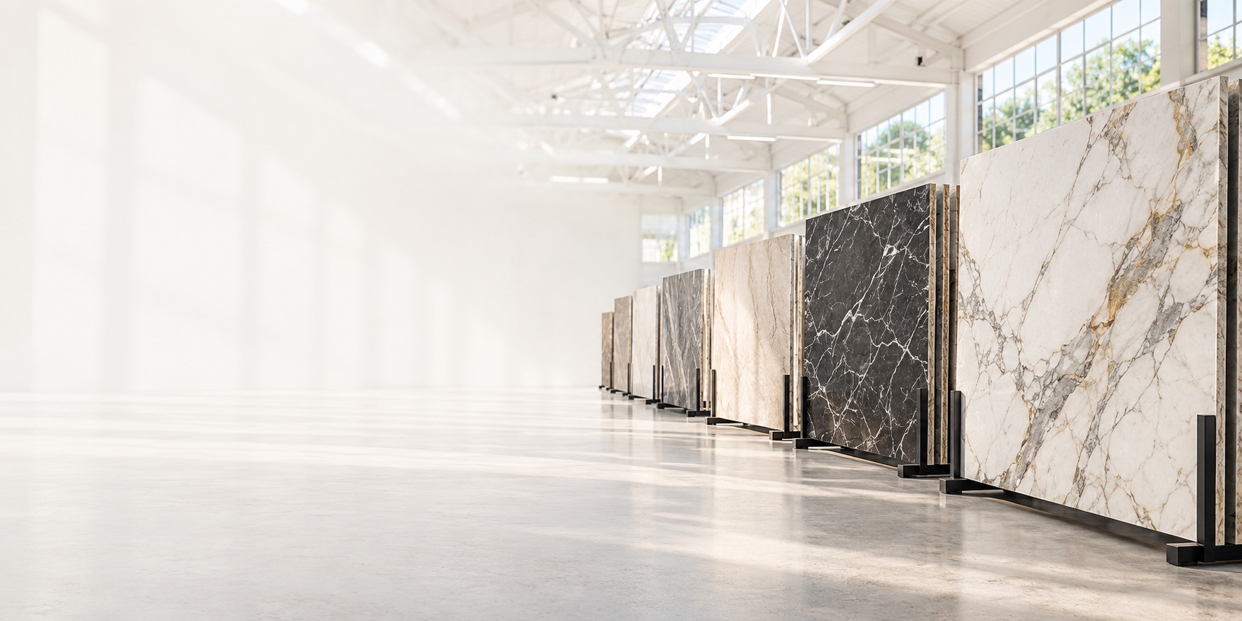Natural stone slabs standing in the Modul Marble warehouse