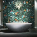 Jasper green stone wall in bathroom with specialty shell design