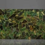 Rectangular panel featuring an abstract pattern of green and brown mosaic glass shards.