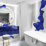 Lapis Lazuli and Prinos bathroom with brass accents