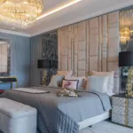 Blue and gold tigers eye walls in bedroom