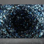 Swirling concentric pattern of blue geode slices shining with varying shades and textures.
