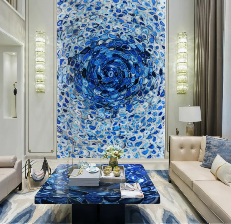 Agate Blue Tornado semi-precious stone wall covering and coffee table