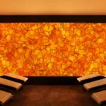 Spa with backlit orange calcite walls