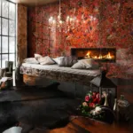Cozy bedroom featuring a rustic wooden bed, red mosaic wall, lit fireplace, and an overhead chandelier.