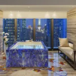 Bathroom with lapis lazuli tub and floor design
