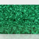 Glossy green patterned slab with swirling organic shapes resembling malachite, creating a vibrant and luxurious feel.