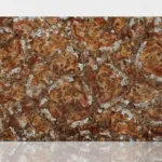 Glossy rectangular marble slab with swirling brown, red, and white patterns, evoking a natural earthy feel.