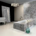 Bathroom with smoky quartz tub, wall, and mirror