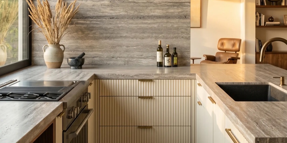 Kitchen with Titanium Travertine counters and a full-height backsplash.