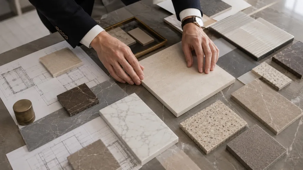 Architect laying out stone and tile samples