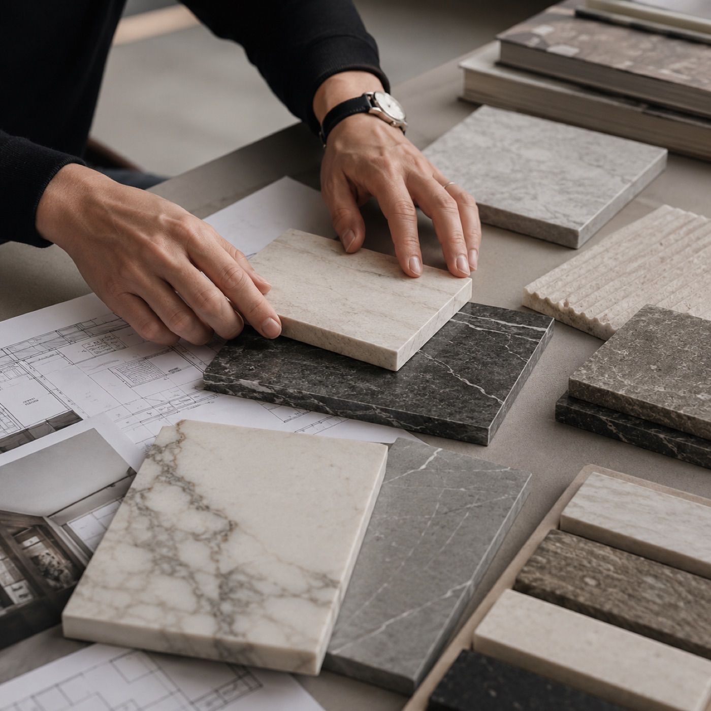 Designer comparing marble and granite samples on drawings