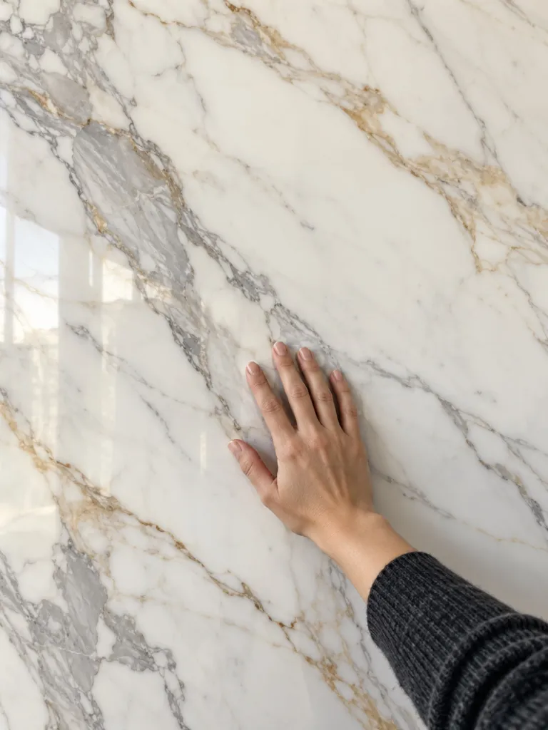 Hand resting on a polished Calacatta marble slab