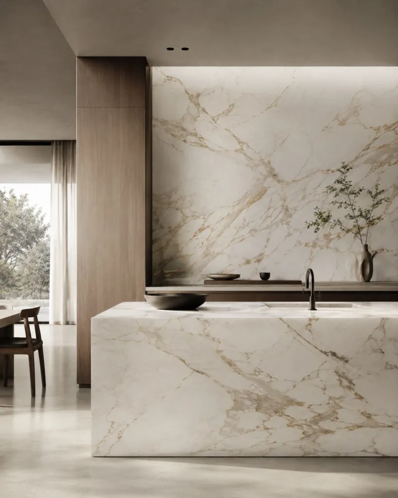 Kitchen with a Calacatta marble island and full-height backsplash