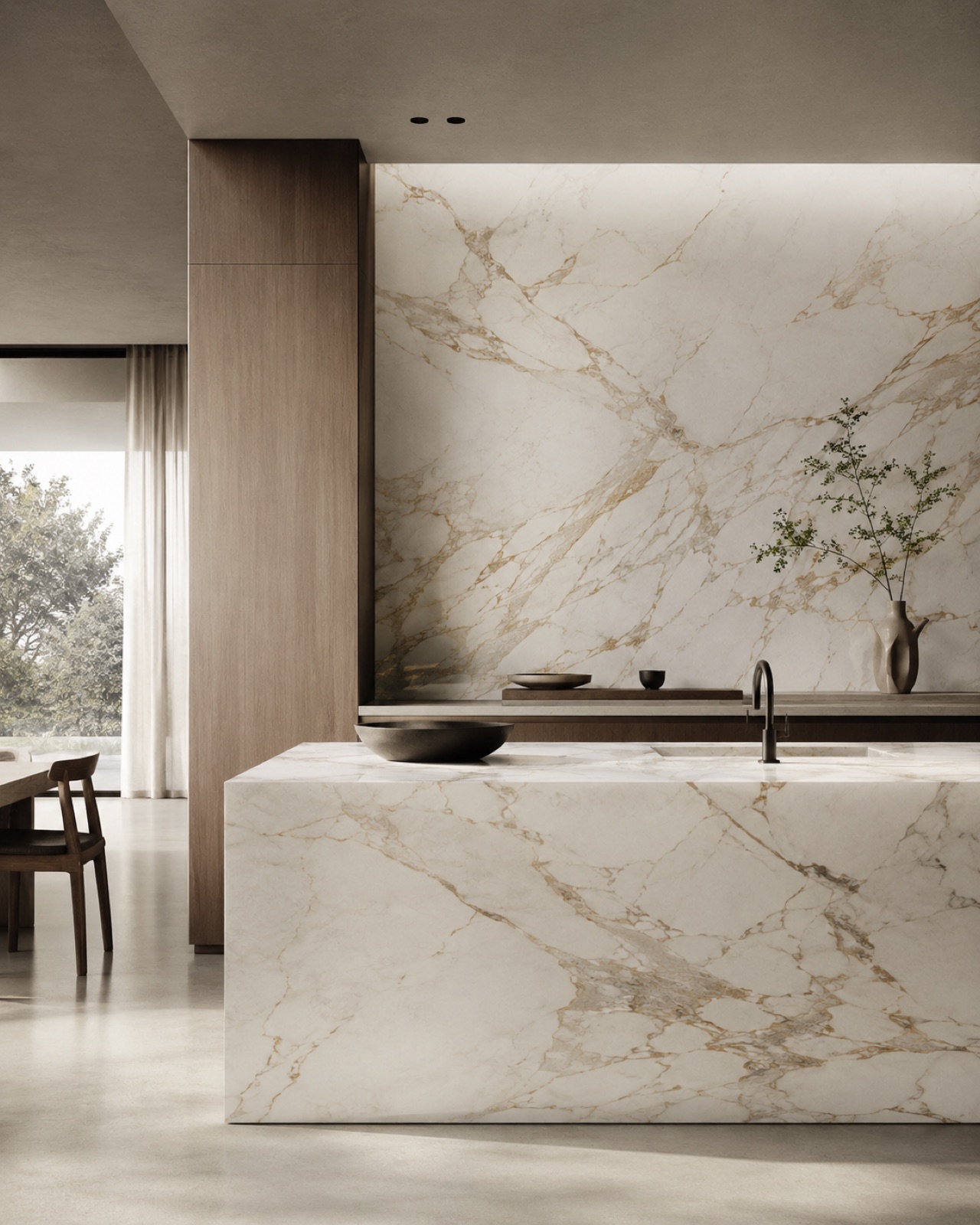 Kitchen with a Calacatta marble island and full-height backsplash