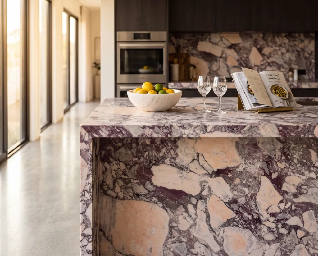 Kitchen island in Calacatta Viola marble