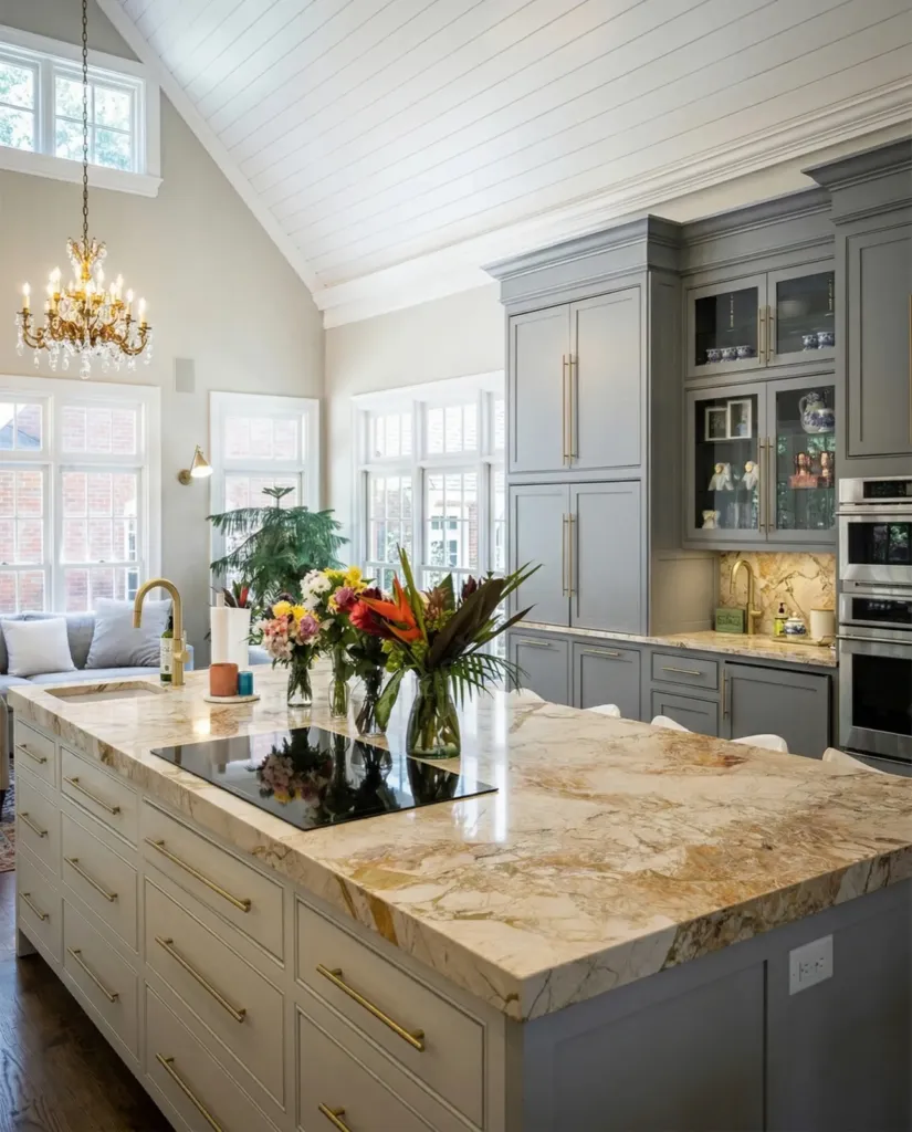 Kitchen with a quartzite island and brass hardware