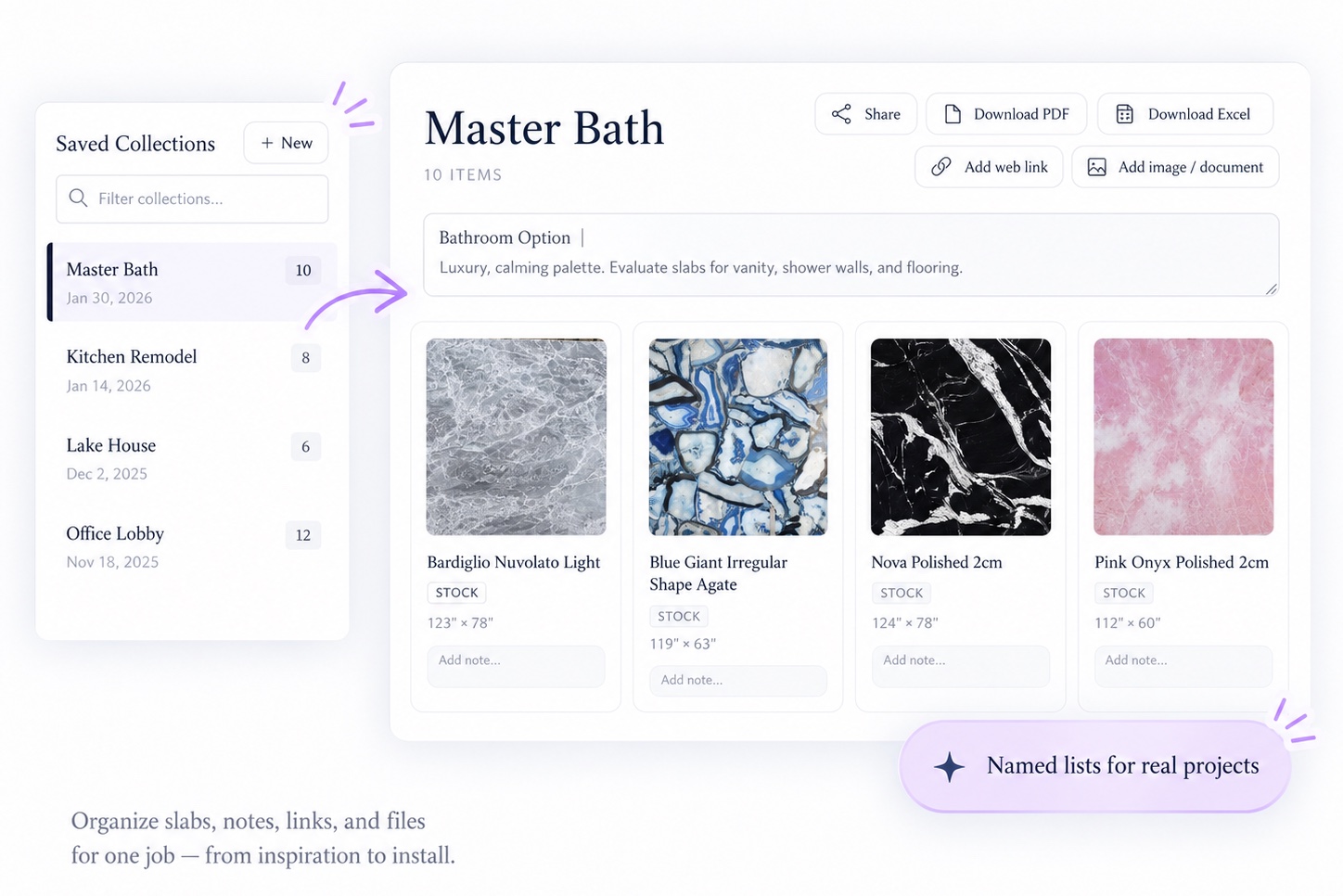 Saved Collections in the Modul Marble Portal, with share and inquire