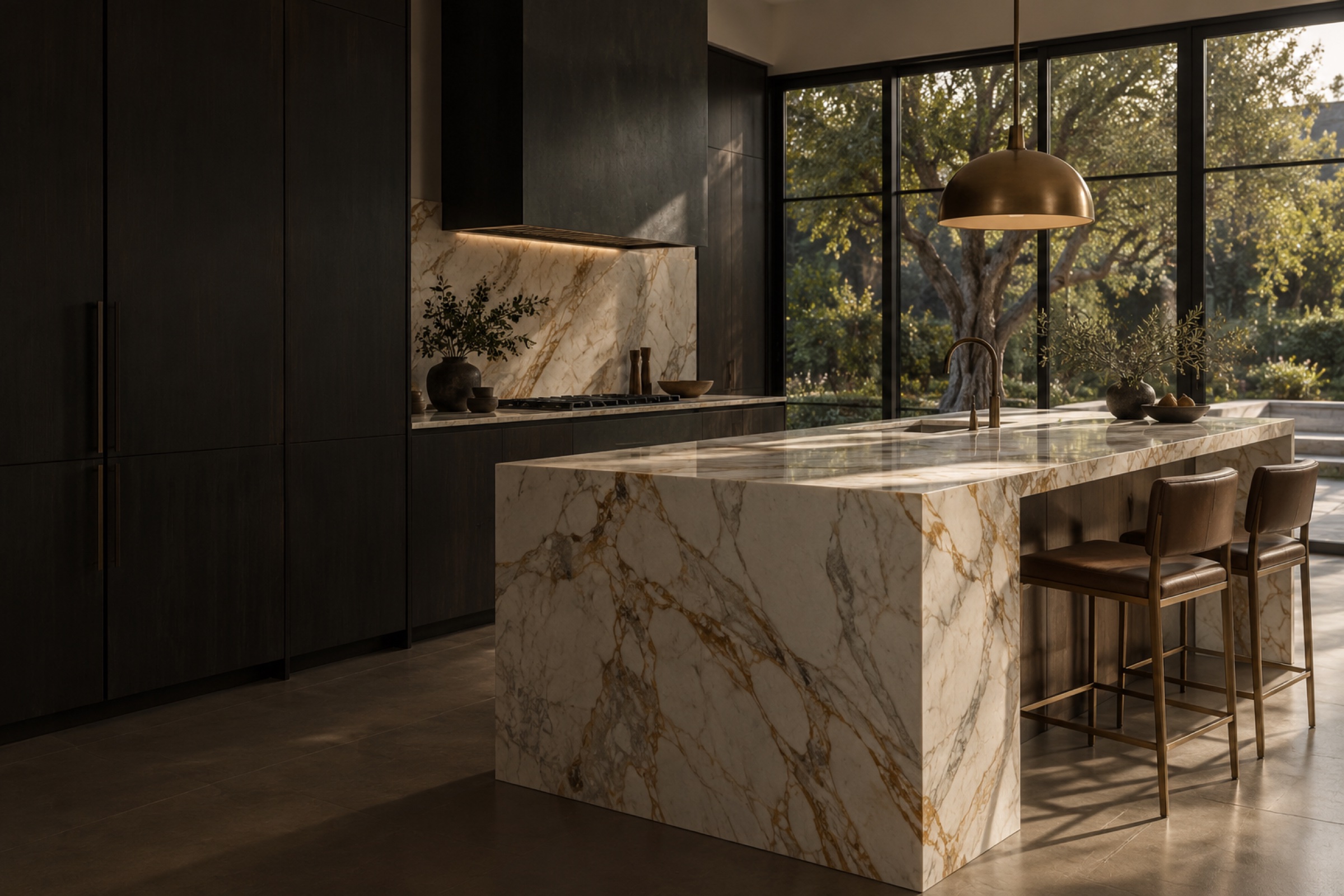 Kitchen with a gold-veined marble waterfall island