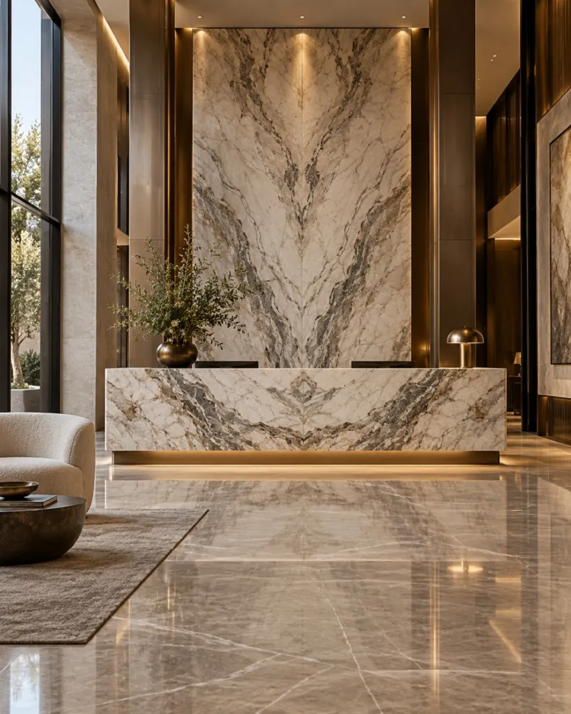 Hotel lobby with a marble reception desk