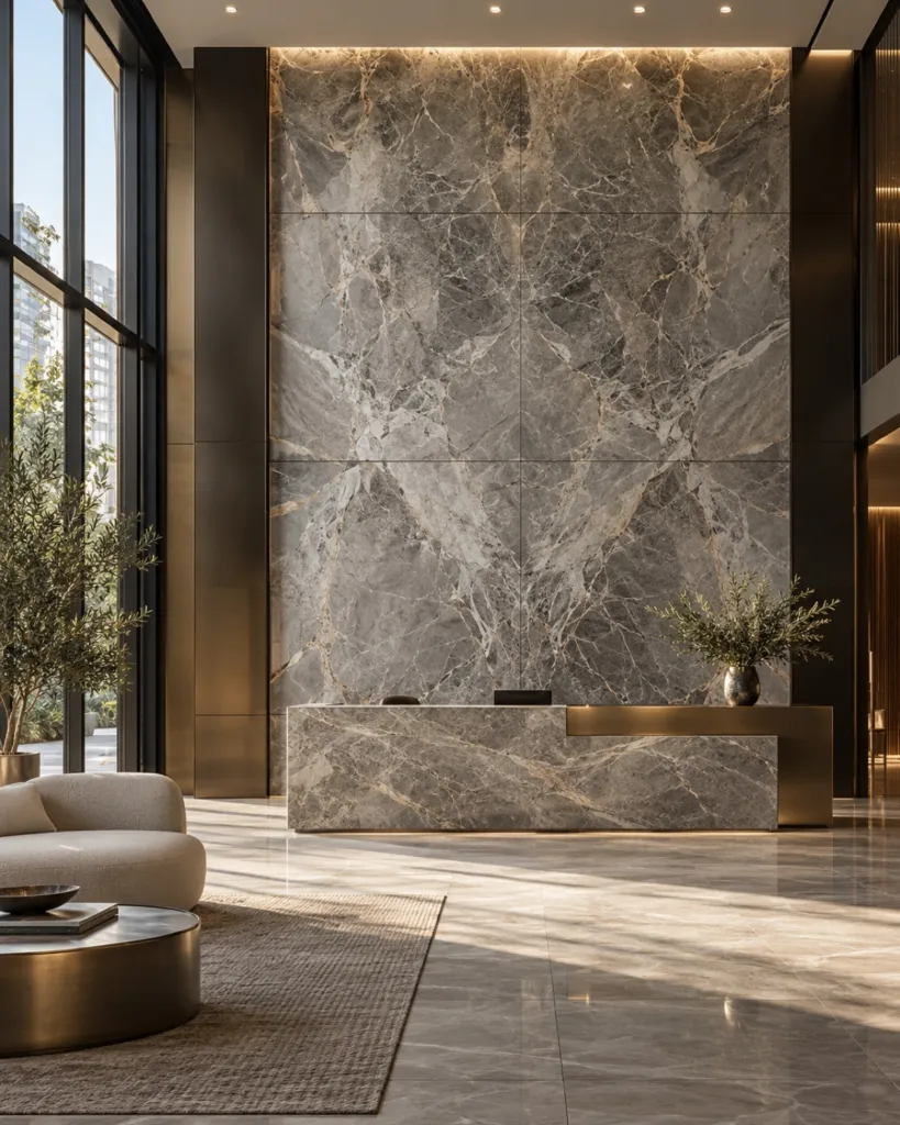 Office reception with a marble feature wall