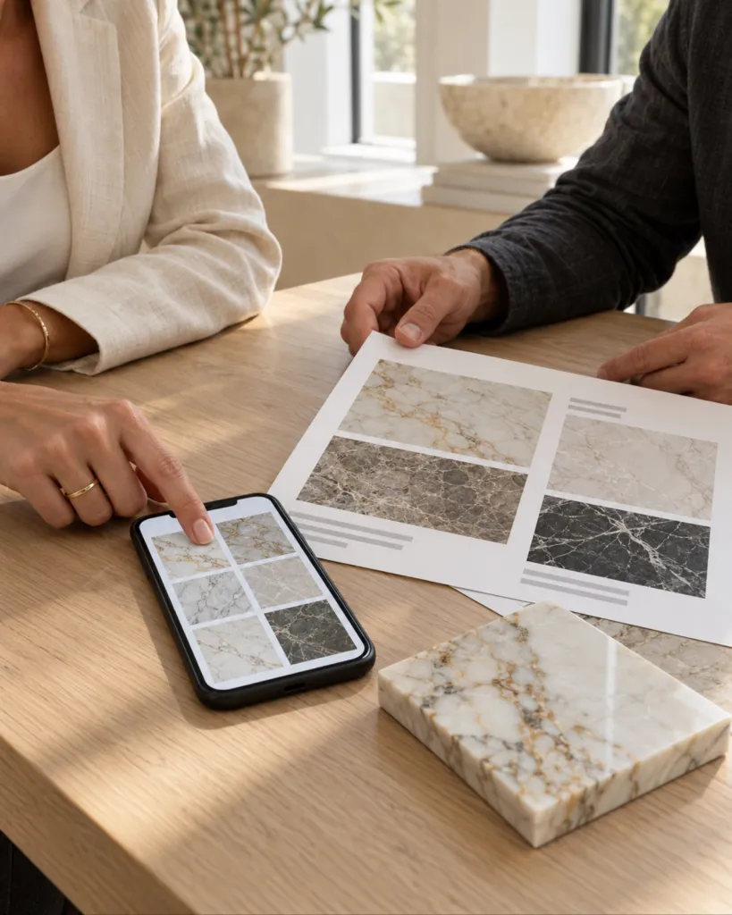 Designer and client reviewing a saved marble selection on a phone and printed sheets