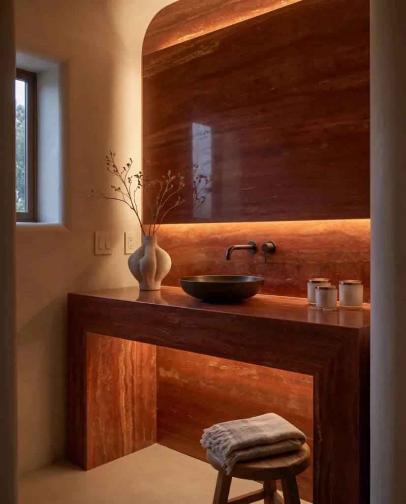 Backlit Travertino Rosso powder room vanity and wall